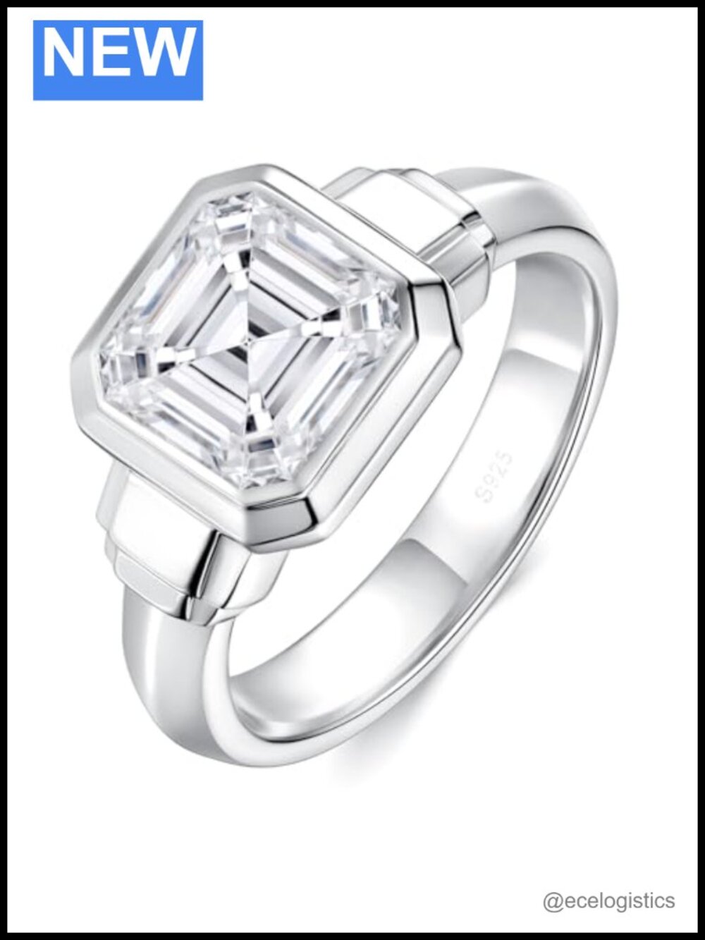 2.5CT Asscher Cut Moissanite Bezel Set Solitaire Engagement Ring Sterling Silver